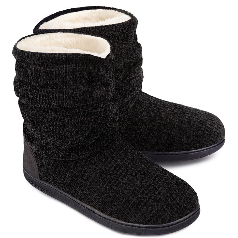 LongBay Women's Chenille Knit Bootie Slippers Cute Plush Fleece Memory Foam House Shoes (X-Large / 11-12 B(M), Black) - Image 1